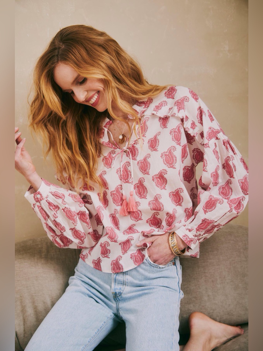 Ophelia+Indigo/ Lily Pink & White Block Print Paisley Cotton Blouse Sz S - Nwt